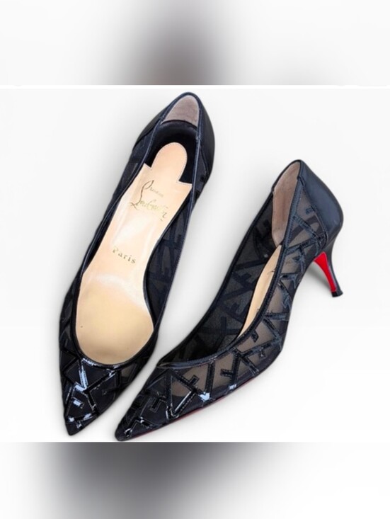 Christian Louboutin Shoes - CHRISTIAN LOUBOUTIN TITITATA BLACK MESH PATENT POINT TOE KITTEN HEELS SIZE 37.5